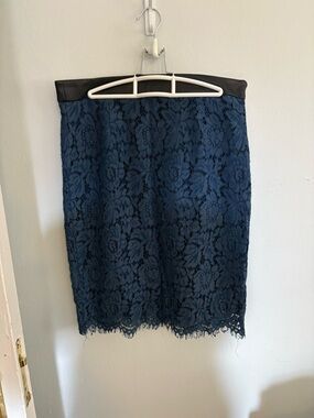 Brixon Ivy Navy Lace Pencil Skirt with Black Faux Leather Waistband